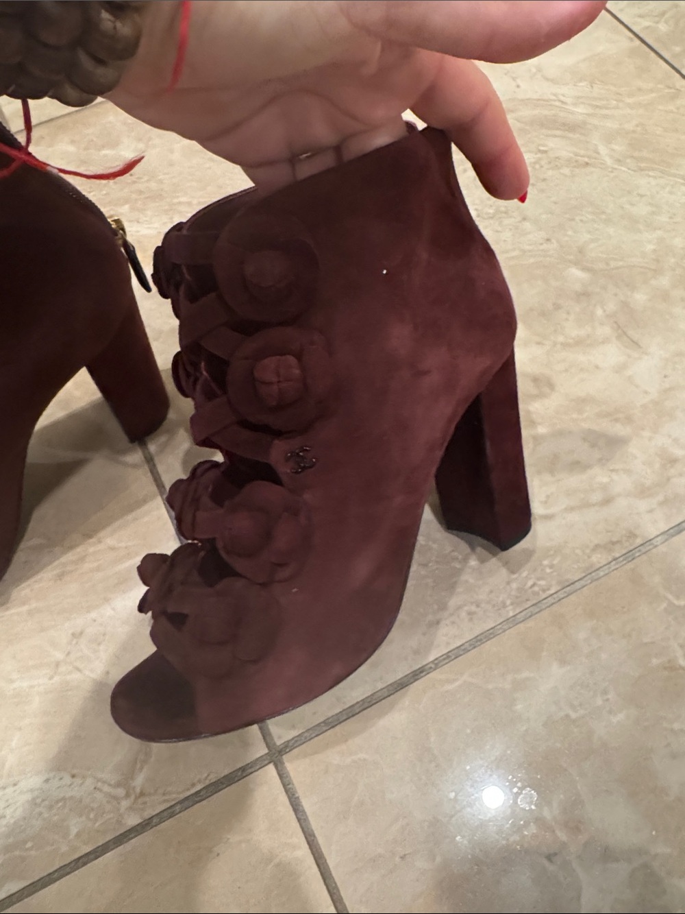 CHANEL Burgundy Suede Floral Peep-Toe Block Heels - Picture 6 of 10